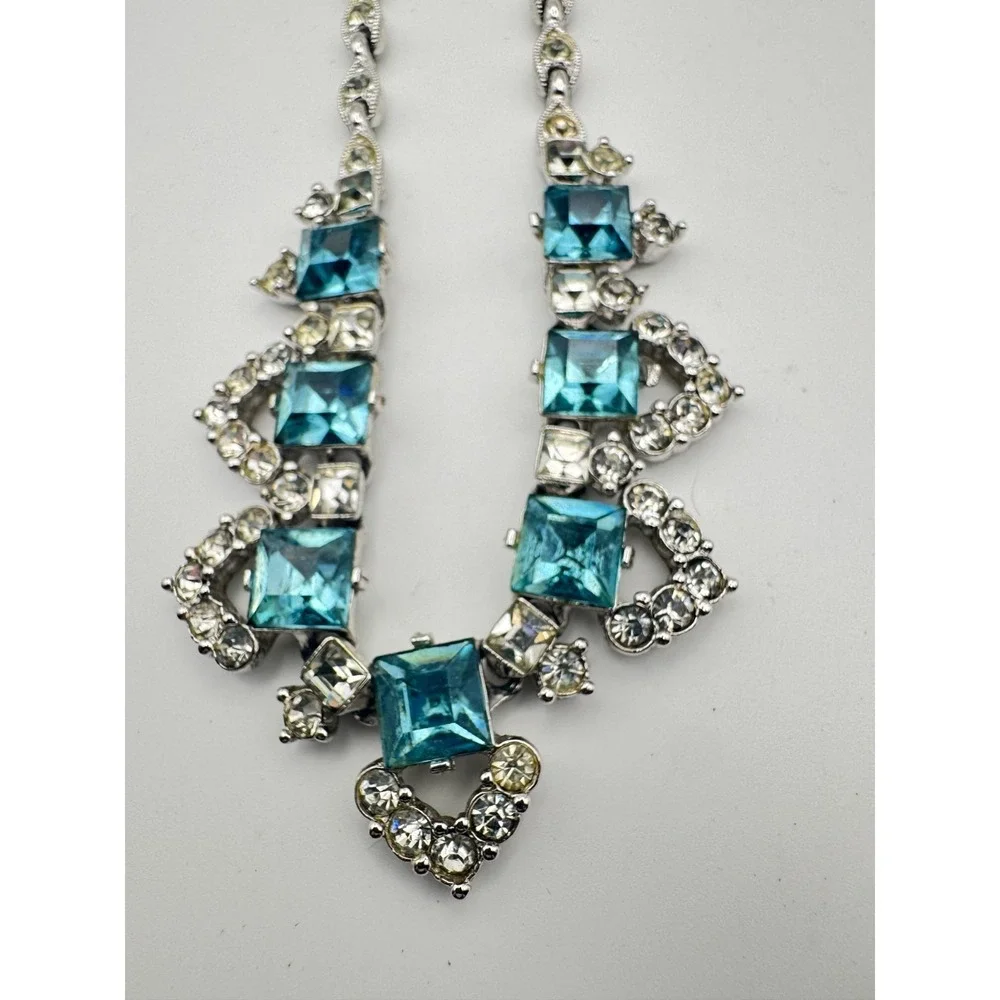 Vintage BOGOFF Necklace Blue Rhinestone Silver Tone MCM Aqua Teal